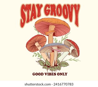 Mushroom graphic print t-shirt design. Poisonous mushrooms Vector illustration. Hand drawn toadstool. Toadstool digital painting. Mushroom set artwork.