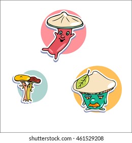 Mushroom green color with moustache. Thin fat and tall cartoon fungus