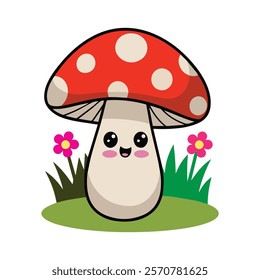 Mushroom with green grass Flat vector illustration