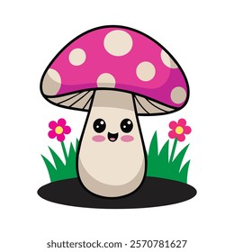 Mushroom with green grass Flat vector illustration