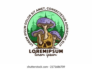 Mushroom growing on human skull illustration design in vintage colors