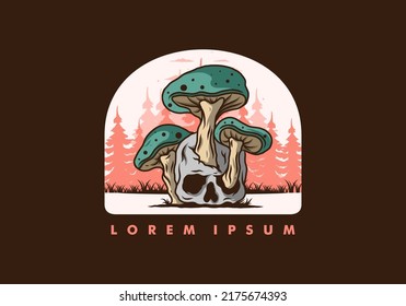 Mushroom growing on human skull illustration design in vintage colors