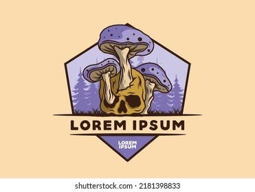 Mushroom growing on human skull illustration design in vintage colors