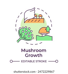 Mushroom growth multi color concept icon. Indoor mushroom farming. Spore propagation. Fungi cultivation. Round shape line illustration. Abstract idea. Graphic design. Easy to use in article