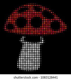 Mushroom halftone vector icon. Illustration style is pixel iconic mushroom symbol on a black background. Halftone matrix is created with circle pixels.