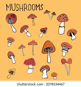 Mushroom hand drawing sketch vector illustration. Fresh organic food isolated on a medium light shade of brown background. 