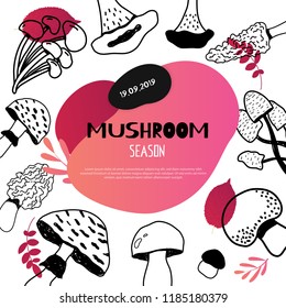 Mushroom hand drawn circle frame banner with Isolated sketch Champignon, enokitake, oyster, chanterelle, shiitake. Use it for menu, banner, badge, product packaging