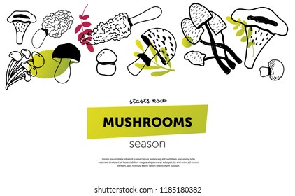 Mushroom hand drawn horizontal doodle banner with Isolated sketch Champignon, enokitake, oyster, chanterelle, shiitake. Use it for menu, banner, badge, product packaging