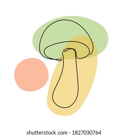 Mushroom in a hand drawn linear style with colorful abstract stains. Isolated on white. Vector illustration. 