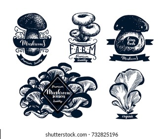 Mushroom hand drawn logo set. Isolated vector illustration. Organic vegetarian product for menu or packaging. Honey agaric, edible mushroom, russula, chanterelle,
shimeji, champignon. Engraving