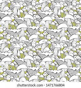 Mushroom hand drawn seamless pattern. Isolated Sketch food drawing background. Champignon, morel, truffle, enokitake, porcini, oyster, honey agaric, chanterelle, wood ear shiitake Organic vegetarian