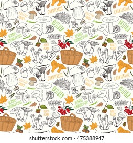 Mushroom hand drawn sketch Seamless Pattern. Vector Illustration