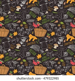 Mushroom hand drawn sketch Seamless Pattern. Vector Illustration