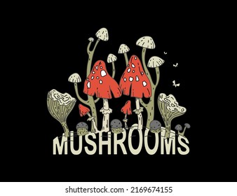 Mushroom hand drawn vector frame. Poison Mushroom. Isolated Sketch organic food drawing template. Great for menus, labels, product packaging.