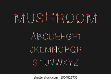 Mushroom hand drawn vector illustration abc alphabet in cartoon style colorful types of plants forest