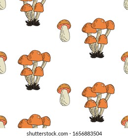 Mushroom hand drawn vector seamlees pattern. Isolated Sketch organic food drawing background. 