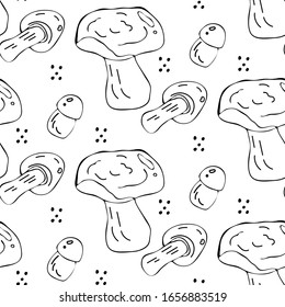 Mushroom hand drawn vector seamlees pattern. Isolated Sketch organic food drawing background. 