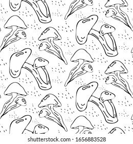 Mushroom hand drawn vector seamlees pattern. Isolated Sketch organic food drawing background. 
