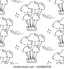Mushroom hand drawn vector seamlees pattern. Isolated Sketch organic food drawing background. 