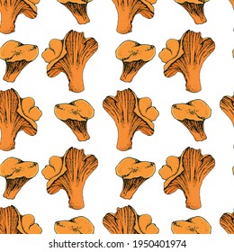 Mushroom hand drawn vector seamlees pattern. Isolated Sketch organic food drawing background.