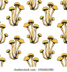 Mushroom hand drawn vector seamlees pattern. Isolated Sketch organic food drawing background.
