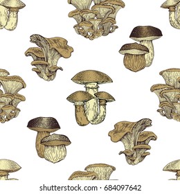 Mushroom hand drawn vector seamlees pattern. Vintage background.