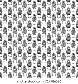 Mushroom hand drawn vector seamlees pattern. Isolated Sketch organic food drawing background. Black morels repeating on white background.