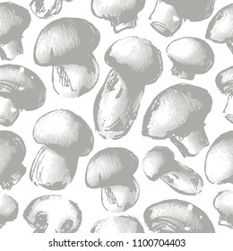 mushroom hand drawn vector seamless pattern. Organic vegetarian product. Great for menu, label, packaging, recipe
