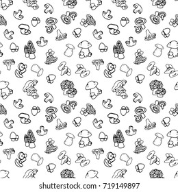 Mushroom hand drawn vector seamless pattern. Isolated Sketch organic food drawing background. Champignon, morel, enokitake, porcini, oyster, honey agaric, chanterelle, fungi, russula.