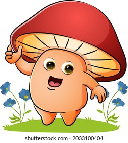 The mushroom is holding the hood in the garden of illustration