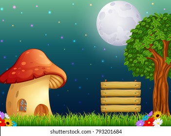 mushroom house and the bright moon on forest