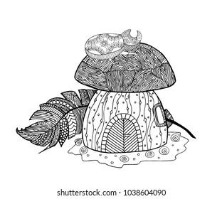 Mushroom house, the bug. Zen coloring book for adults. Tangle pattern. and feather birds. Vector illustration.