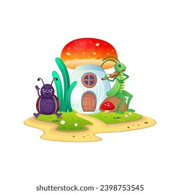 Mushroom house with cartoon insects.Grasshopper playing the violin and funny cartoon ladybug.