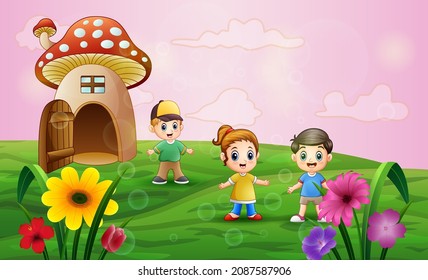 Mushroom house with children playing in the field