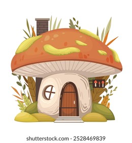 Mushroom house with chimney and moss on the roof in the forest - cartoon fairy tale home. Cute enchanted mushroom illustration for nursery, greeting cards