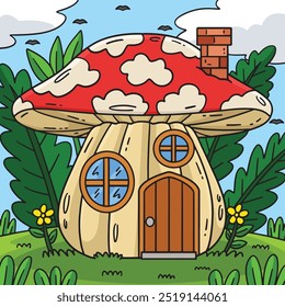 Mushroom House Colored Cartoon Illustration