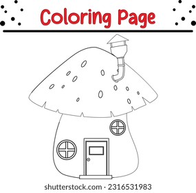 Mushroom house coloring page. Fantasy Mushroom House Vector Illustration With Line Art