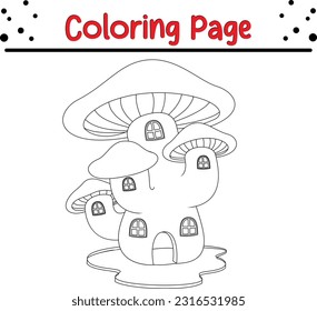 Mushroom house coloring page. Fantasy Mushroom House Vector Illustration With Line Art