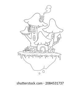 Mushroom house coloring page. Flying magic island vector coloring illustration for children and adults