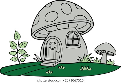 mushroom house colouring page for kids black line