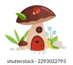 Mushroom house concept. Caterpillar and ladybug near fabulous fictional building. Imagination and fantasy, fairy tale. Flora and fauna, nature. Cartoon flat vector illustration