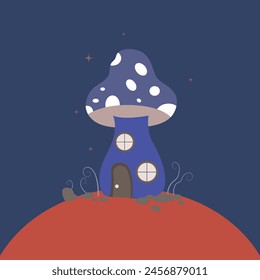 Mushroom house concept. Caterpillar and ladybug near fabulous fictional building. Imagination and fantasy, fairy tale. Flora and fauna, nature. Cartoon flat vector illustration. Home Mushroom houses.