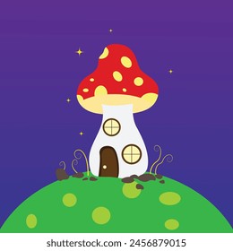 Mushroom house concept. Caterpillar and ladybug near fabulous fictional building. Imagination and fantasy, fairy tale. Flora and fauna, nature. Cartoon flat vector illustration. Home Mushroom houses.