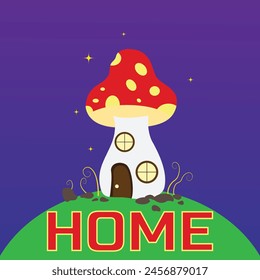 Mushroom house concept. Caterpillar and ladybug near fabulous fictional building. Imagination and fantasy, fairy tale. Flora and fauna, nature. Cartoon flat vector illustration. Home Mushroom houses.