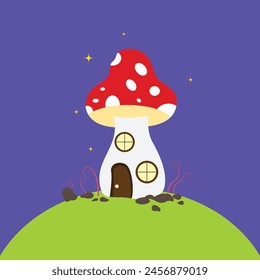 Mushroom house concept. Caterpillar and ladybug near fabulous fictional building. Imagination and fantasy, fairy tale. Flora and fauna, nature. Cartoon flat vector illustration. Home Mushroom houses.