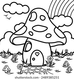 Mushroom house concept. Imagination and fantasy, fairy tale. Flora and fauna, nature. Children's outline illustration. Сoloring page for kids and adults. Mermaid colouring book