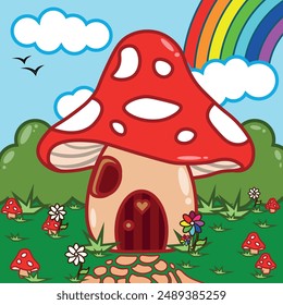 Mushroom house concept. Imagination and fantasy, fairy tale. Flora and fauna, nature. Cartoon flat vector illustration. Children's illustration.