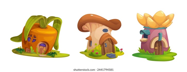 Mushroom house for cute fantasy fairy tale cartoon. Fairytale gnome, dwarf and elf home set. Funny cottage with garden, window, door and roof. Isolated miniature little magic hut for story landscape