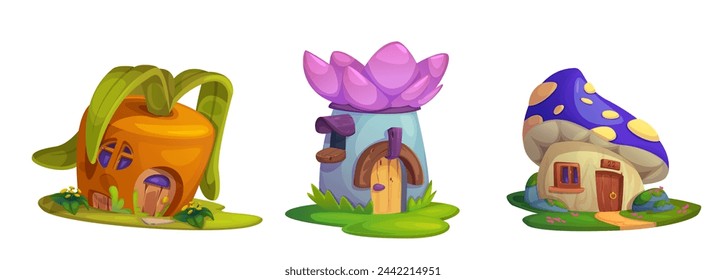 Mushroom house for cute fantasy fairy tale cartoon. Fairytale gnome, dwarf and elf home set. Funny cottage with garden, window, door and roof. Isolated miniature little magic hut for story landscape