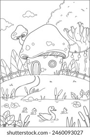 Mushroom house. Cute hand drawn coloring pages for kids and adults. Vector illustration